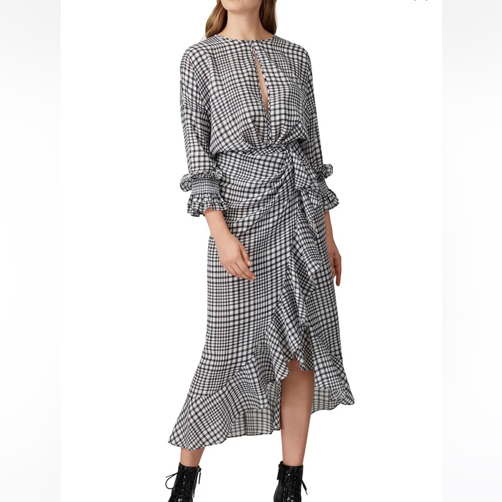 Petersyn Lorinda Plaid Midi Dress Asymmetrical Hem Preppy Black White Grey sz XL